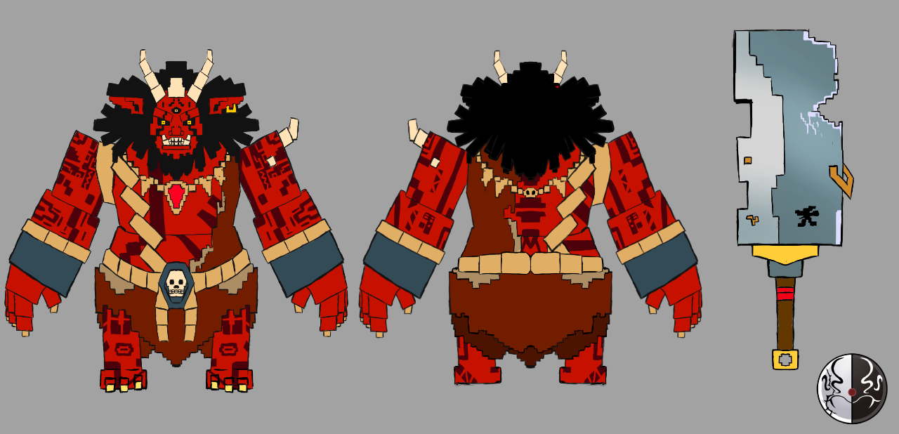 Blocky red ogre character in front and back views, with a matching stone cleaver beside it.