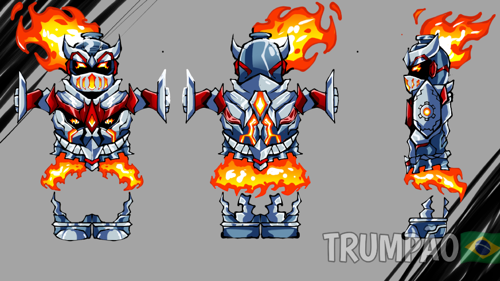 Armoured knight wreathed in fire, shown from front, back and side, with separated armour pieces.