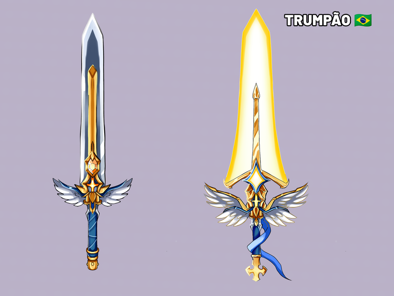 Two winged swords, one steel and blue, one radiant gold, both with feathered crossguards.