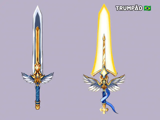 Two winged swords, one steel and blue, one radiant gold, both with feathered crossguards.