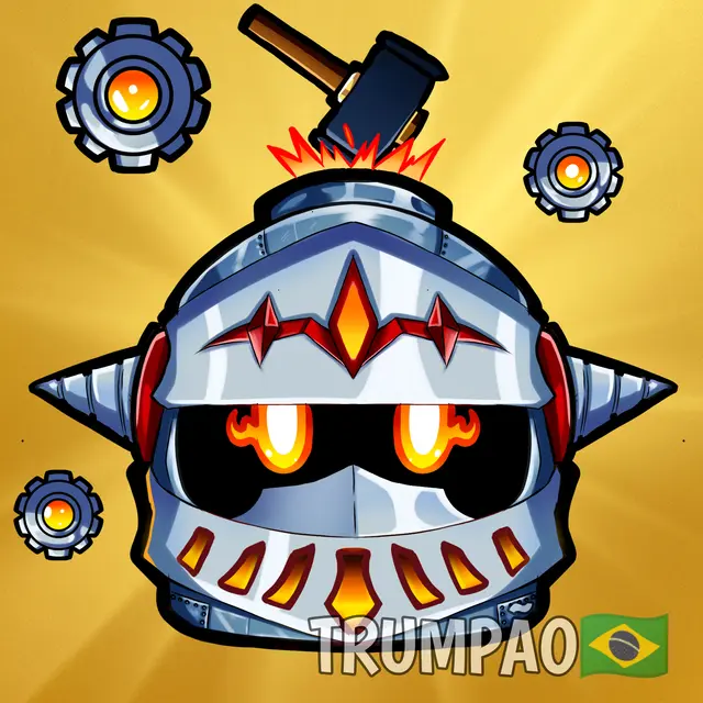 Steel knight helm with burning orange eyes on a gold radial background, with gear motifs around it.