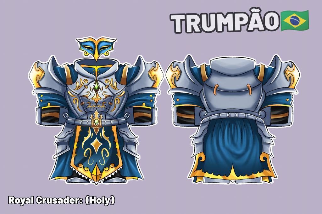 Holy knight armour set, front and back views, in silver, blue and gold with engraved filigree.